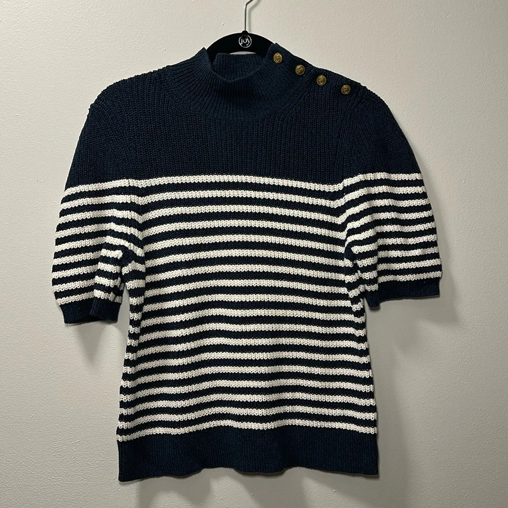 Maeve Anthropologie Women’s Navy/White Stripe Short Sleeve Fall Sweater Sz L